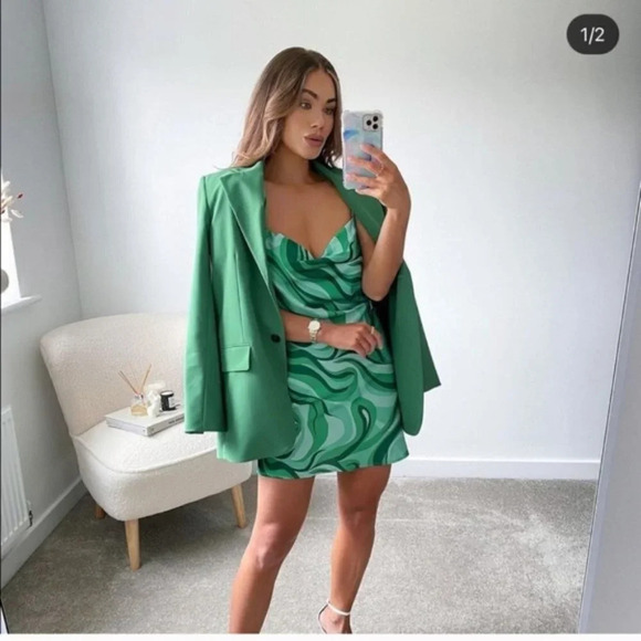 Zara Blogger Favourite Satin Swirl Slip Cowl  Neck Mini Dress Green Sz Medium - Picture 8 of 14